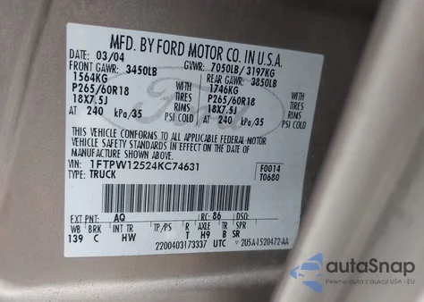 2004 Ford F-150 Lariat/Xlt из США, поврежденный, VIN 1FTPW12524KC74631